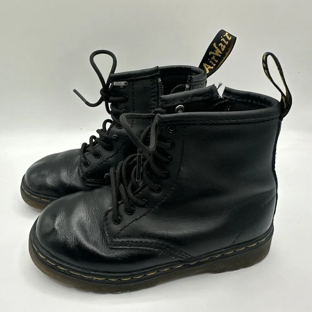 Dr. Martens KIDS 1460T Leather Lace Up Combat Boots-Size 10-Black Preowned